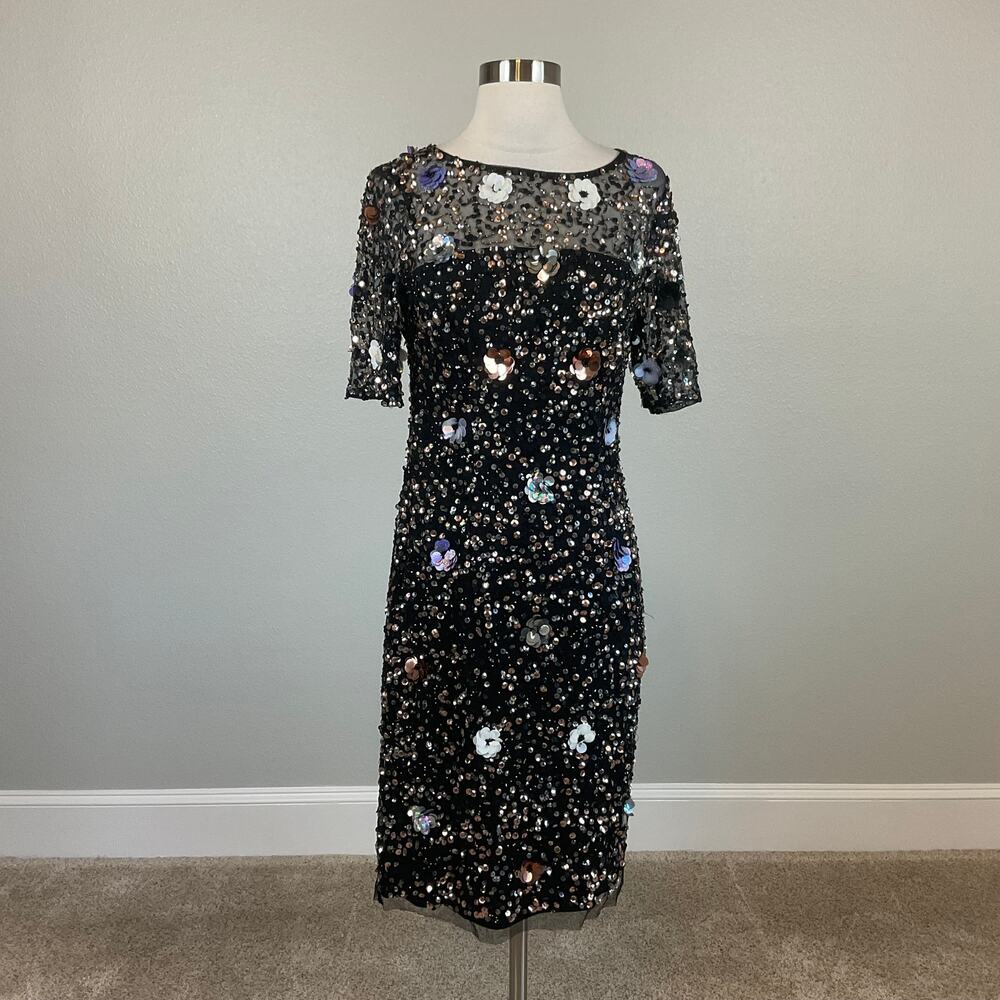 Adrianna Papell Sequined Floral Midi Sheath Cocktail Dress Sparkly Black Size 4 - Picture 2 of 11